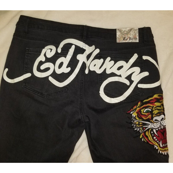 Ed Hardy Jeans Womens 32 Black Tiger Head‎ Embroidered Mid Slim Flare Y2K - Picture 6 of 16